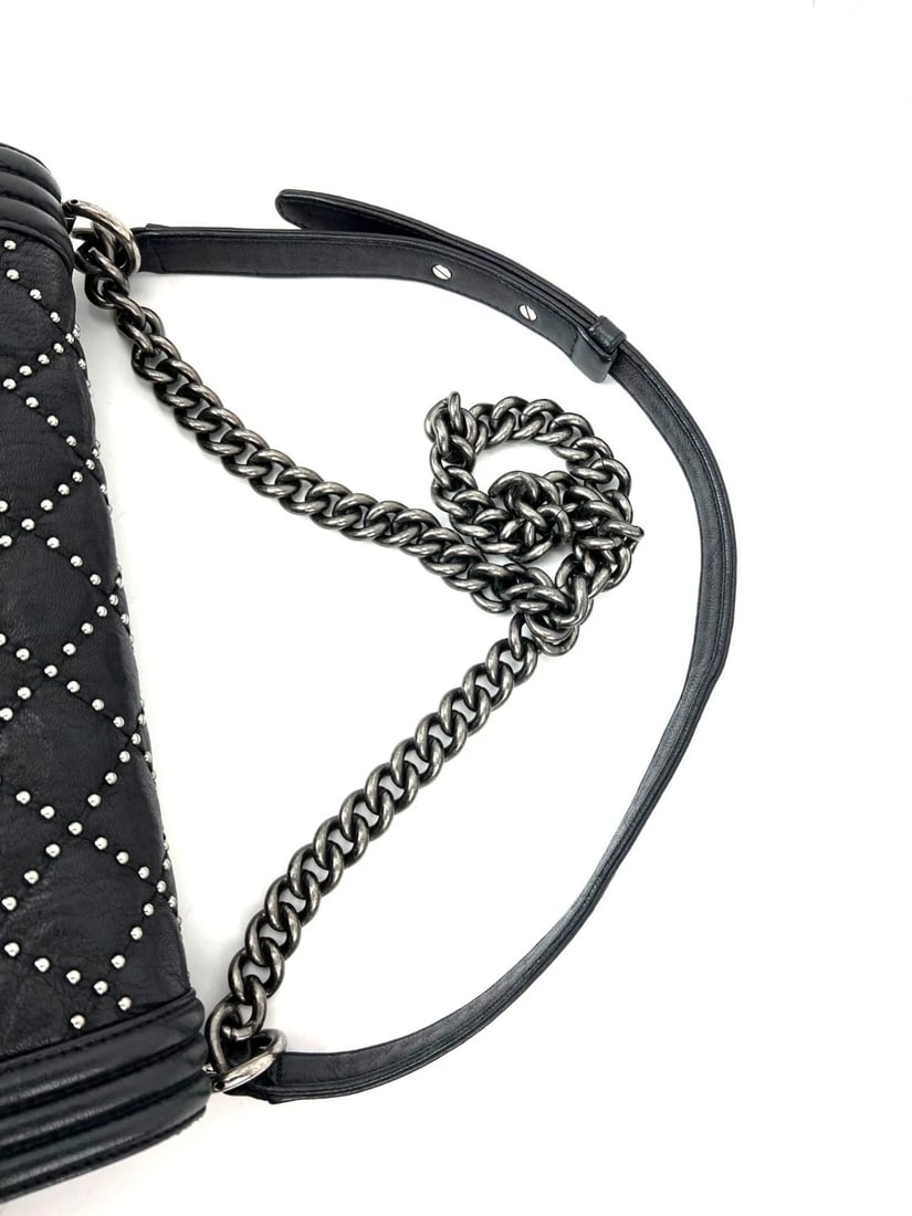 Chanel Crumpled Lambskin New Medium Studded Black Boy Flap Bag - 12