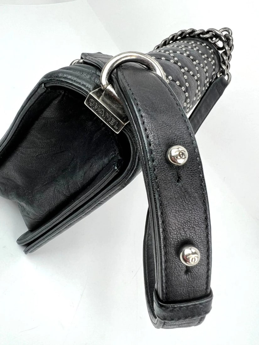 Chanel Crumpled Lambskin New Medium Studded Black Boy Flap Bag - 13