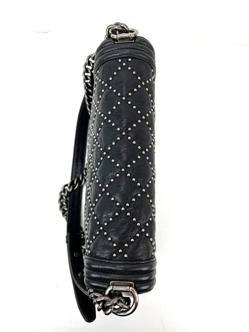 Chanel Crumpled Lambskin New Medium Studded Black Boy Flap Bag - 14