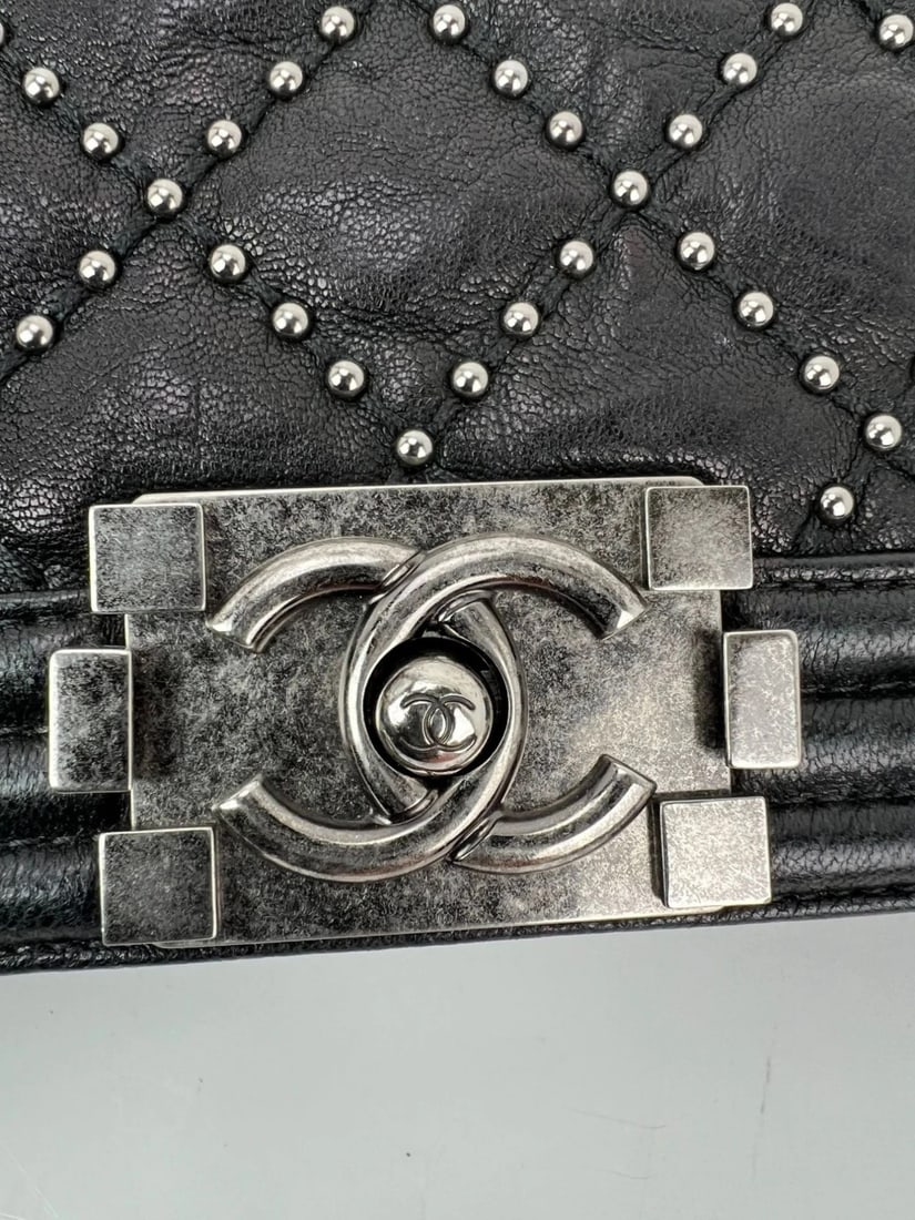 Chanel Crumpled Lambskin New Medium Studded Black Boy Flap Bag - 16