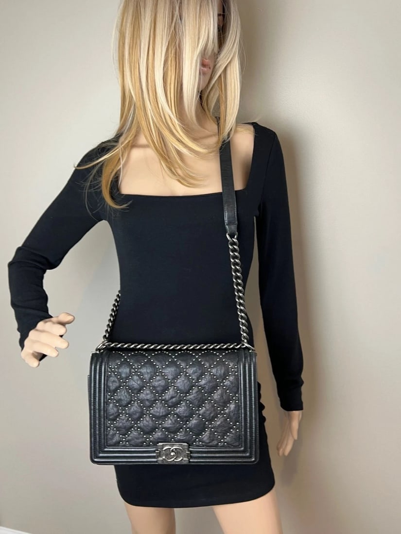 Chanel Crumpled Lambskin New Medium Studded Black Boy Flap Bag - 19