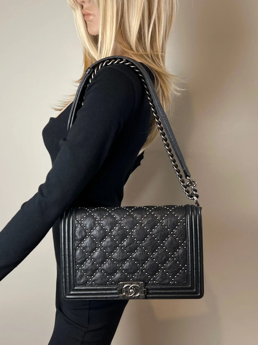 Chanel Crumpled Lambskin New Medium Studded Black Boy Flap Bag - 20