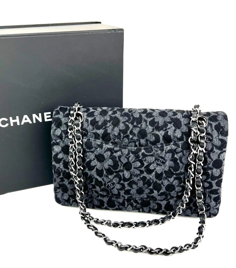 Chanel Printed Denim Quilted Flower Medium Double Flap Black Bag - 2