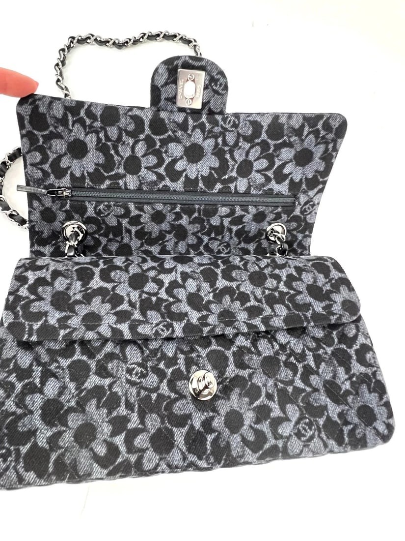 Chanel Printed Denim Quilted Flower Medium Double Flap Black Bag - 7