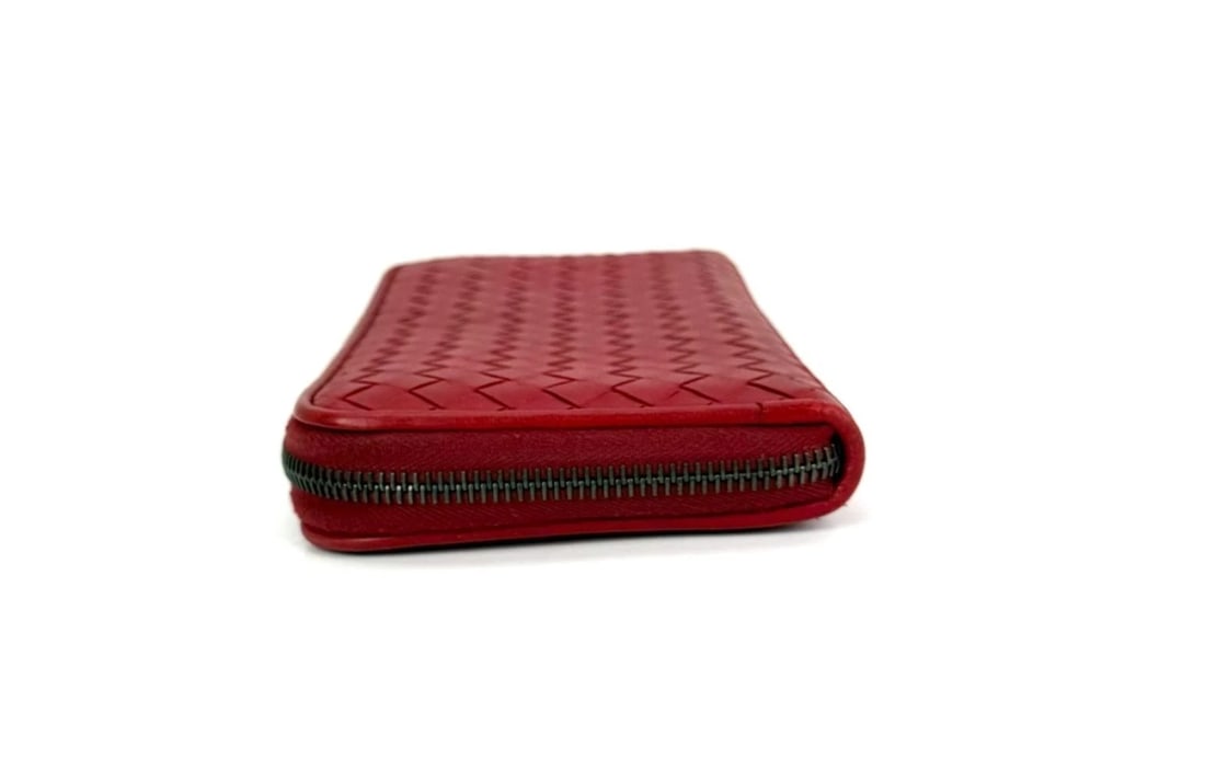Bottega Veneta Intrecciato Zip Around Leather Wallet Clutch Dark Red - 5