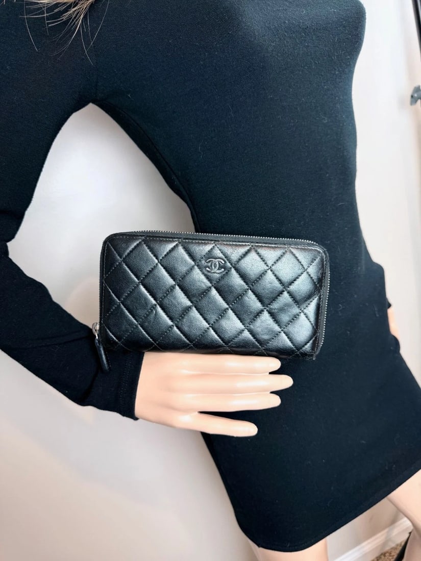 Chanel Classic Quilted Smooth Lambskin Zip Around Black Wallet - 6