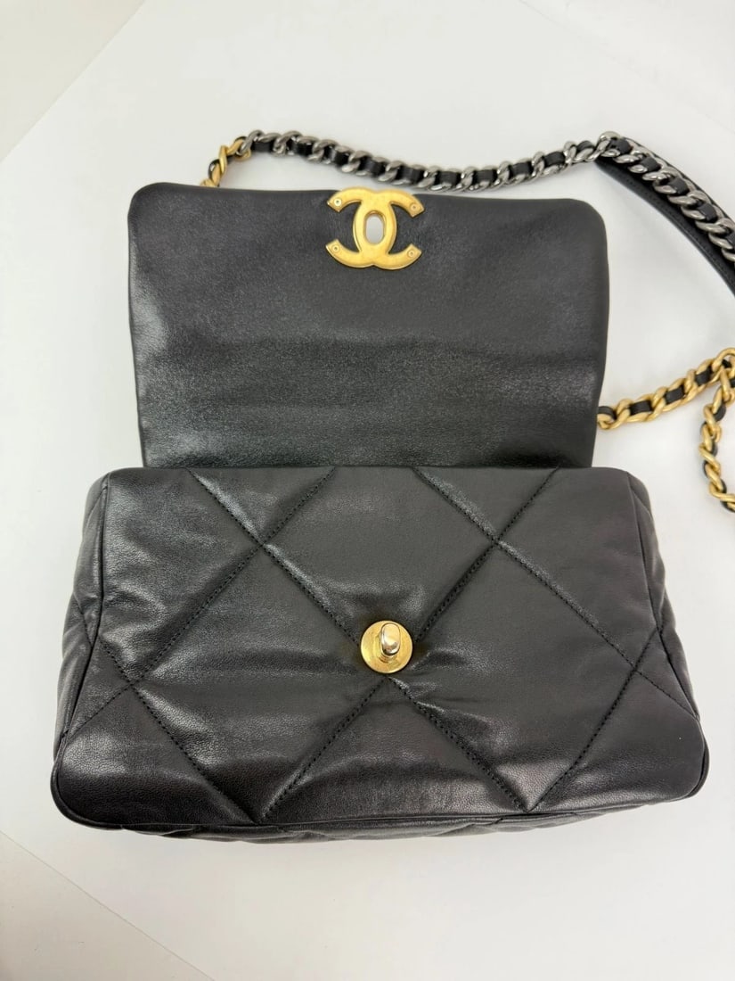 Chanel 19 Large Lambskin Quilted Small Black Smooth Flap Bag - 10