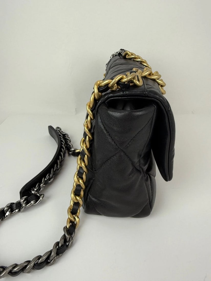 Chanel 19 Large Lambskin Quilted Small Black Smooth Flap Bag - 16