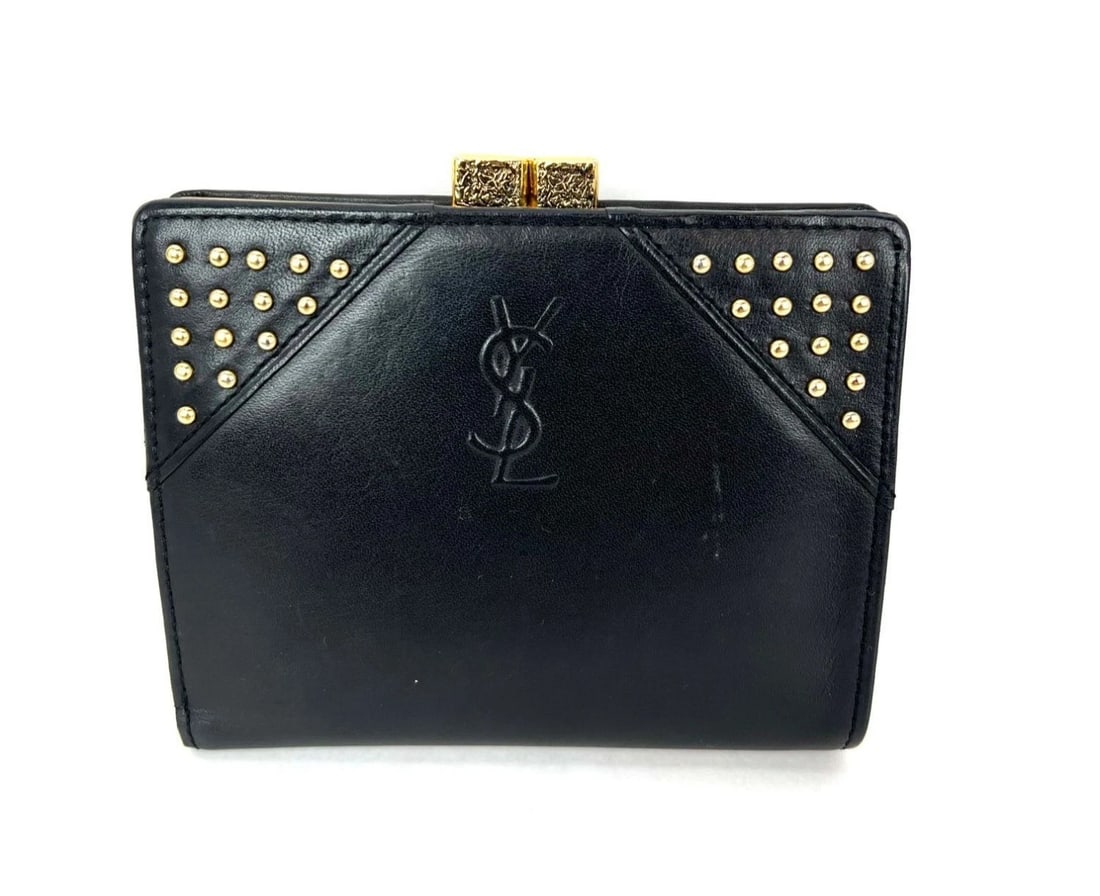 Saint Laurent Lambskin Cassandre Studs Black Vintage Coin Wallet: Title: Saint Laurent Lambskin Cassandre Studs Black Vintage Coin Wallet Description: Pre-Owned 100% Authentic Saint Laurent Lambskin Cassandre Studs Black Leather Vintage Coin Wallet RATING: B...Very