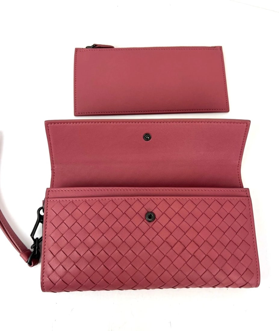 Bottega Veneta Intrecciato Pink Leather Flap Wallet Wristlet - 5