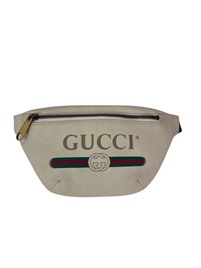 Gucci Logo White Leather Web Belt Sling Bag: Title: Gucci Logo White Leather Web Belt Sling Bag Description: Pre-Owned 100% Authentic Gucci Logo White Leather Web Belt Sling Bag RATING: B+...Very Good, well maintained, shows minor signs of wear 