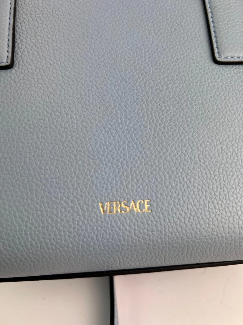 Versace Virtus Top Handle Grained Calfskin Light Blue Tote - 12