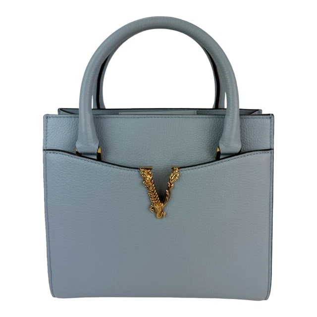 Versace Virtus Top Handle Grained Calfskin Light Blue Tote (1 of 13)