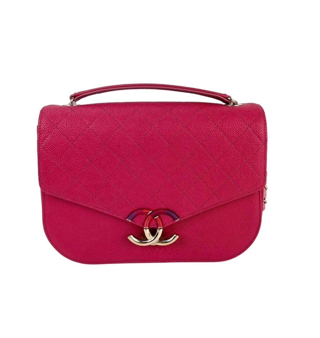 Chanel Paris-Cuba MM Caviar Leather Thread Around Pink Flap Handle Bag: Title: Chanel Paris-Cuba MM Caviar Leather Thread Around Pink Flap Handle Bag Description: Pre-Owned 100% Authentic Chanel Paris-Cuba Medium Caviar Calfskin Thread Around Pink Flap Bag with top handle