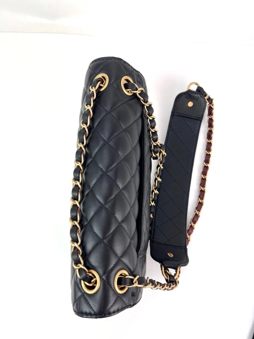 Chanel Calfskin Quilted Strap into Flap Black Burgundy Shoulder Bag - 11