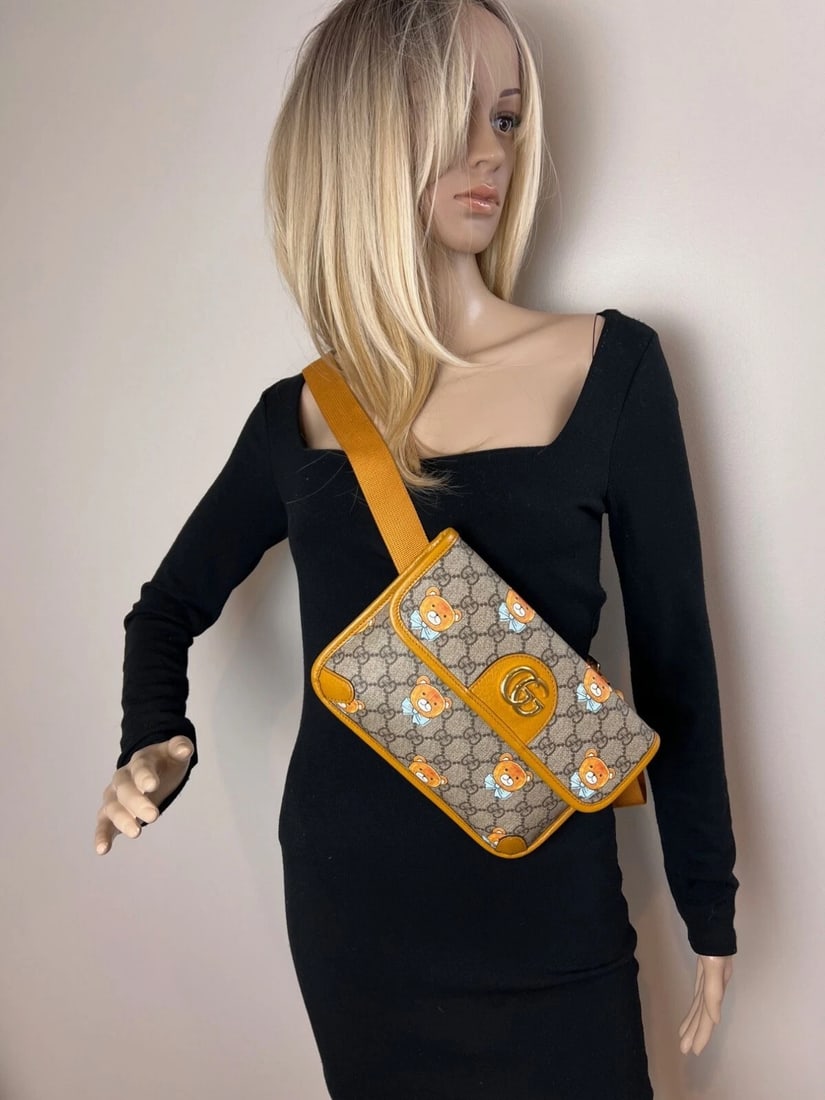 Gucci XKai GG Supreme Slim Vintage Sun Oil Bear Belt Sling Bag - 12