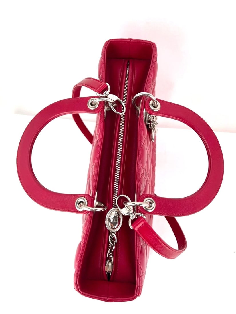 Christian Dior Lambskin Cannage Large Red Lady Dior Shoulder Bag - 10