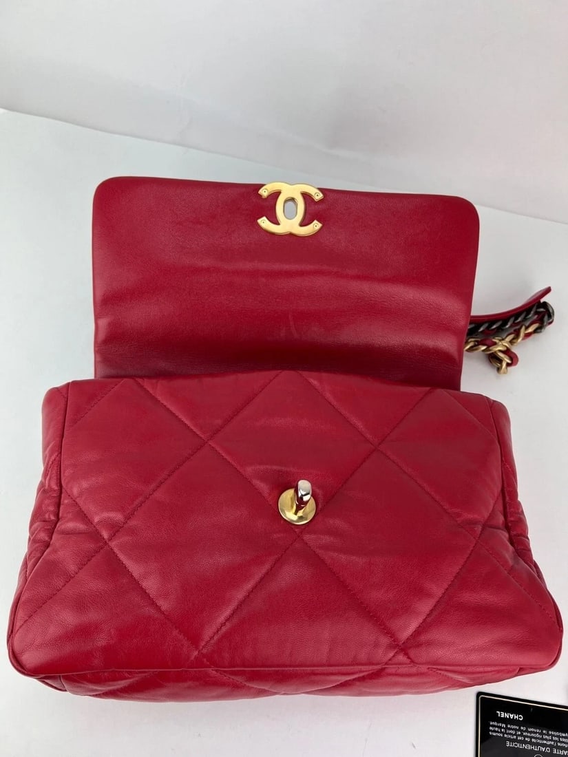 Chanel 19 Large Quilted Goatskin Silver and Gold Red Flap Bag - 11