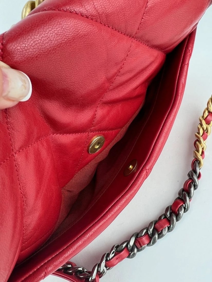 Chanel 19 Large Quilted Goatskin Silver and Gold Red Flap Bag - 12