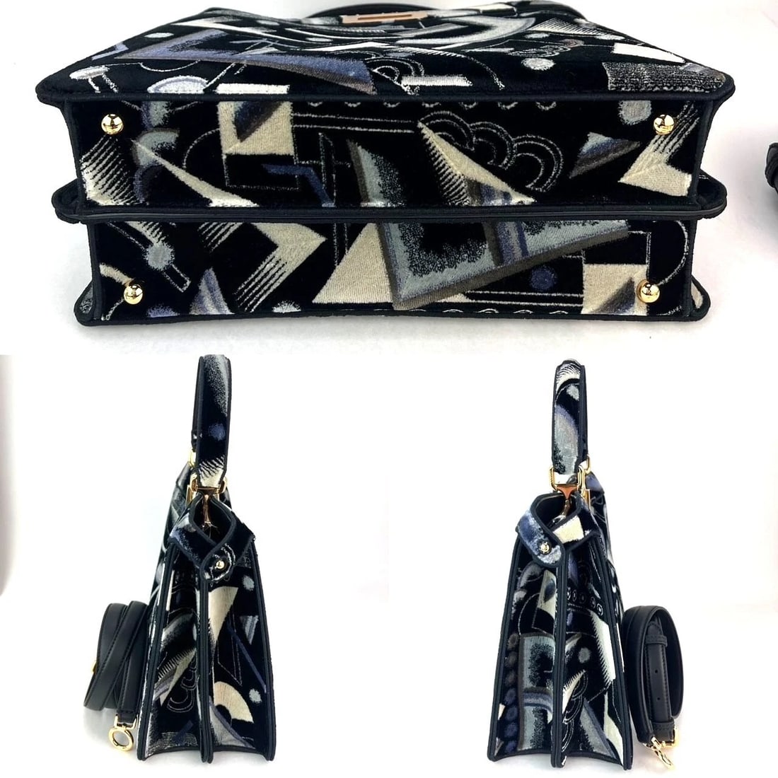 Fendi Peekaboo I see u Medium Printed Velvet Black Blue Satchel Bag - 4