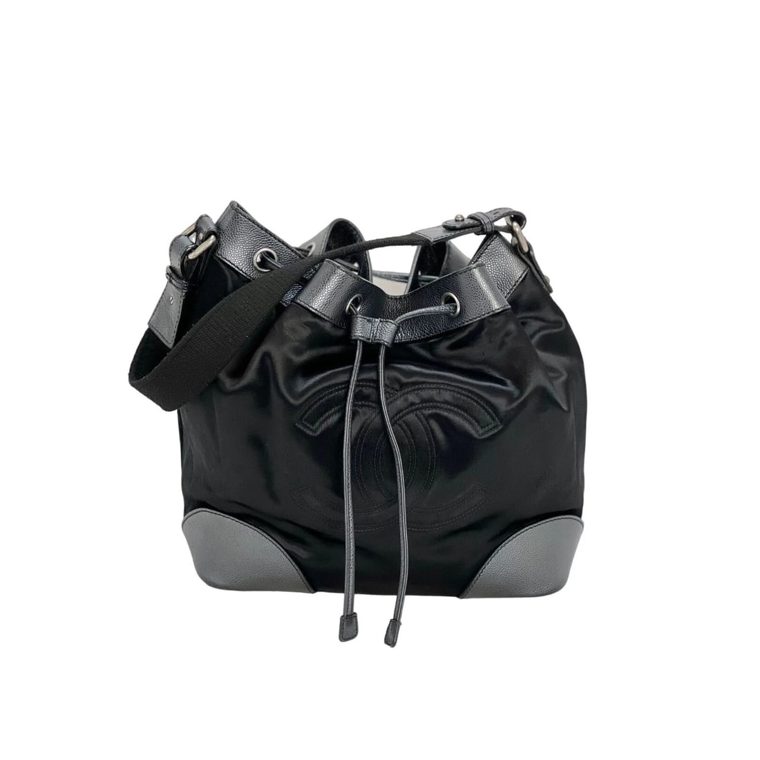 CHANEL Satin CC Large Black Bucket Shouler Bag: Title: CHANEL Satin CC Large Black Bucket Shouler Bag Description: Pre-Owned 100% Authentic CHANEL Satin CC Large Black Bucket Shouler Bag RATING: A/B...Very Good, well maintained, shows minor signs o