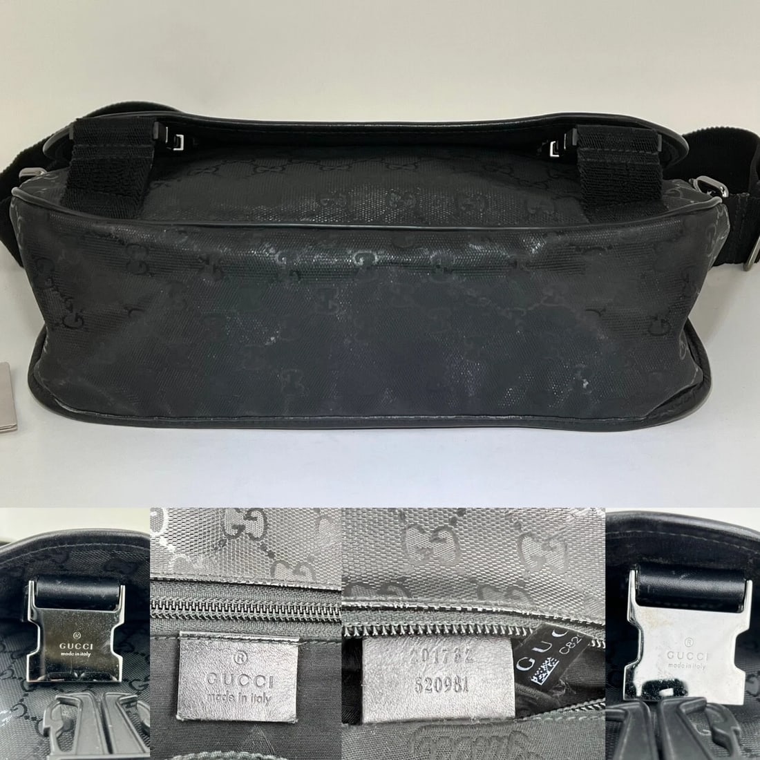 Gucci Men's Messenger GG Supreme Canvas Medium Black Buckle Flap Bag - 12