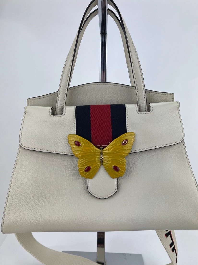 GUCCI Linea Medium Totem Web Stripped Yellow Butterfly Top Handle Bag - 5