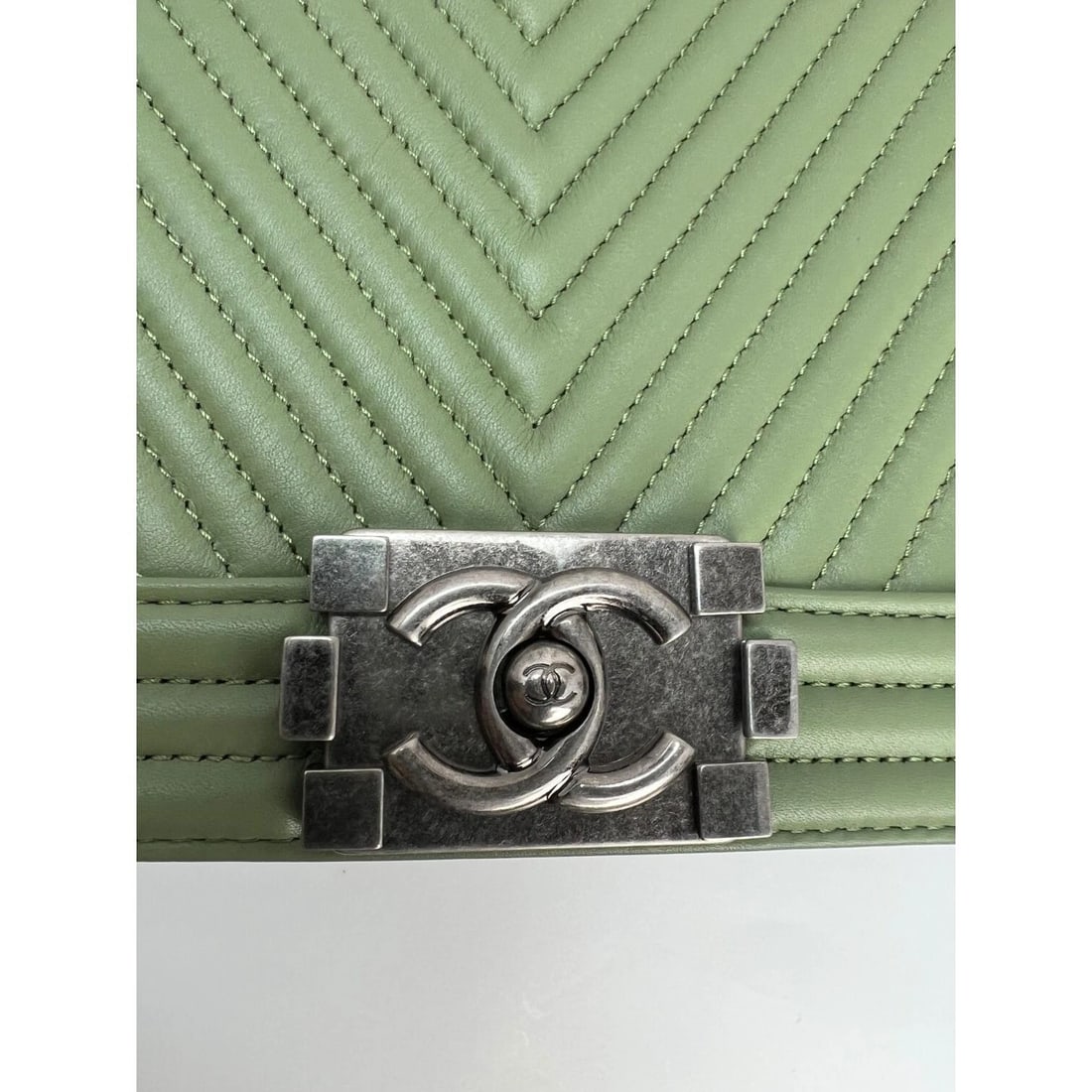 Chanel Calfskin Chevron Quilted Medium Boy Flap Light Green Bag - 11