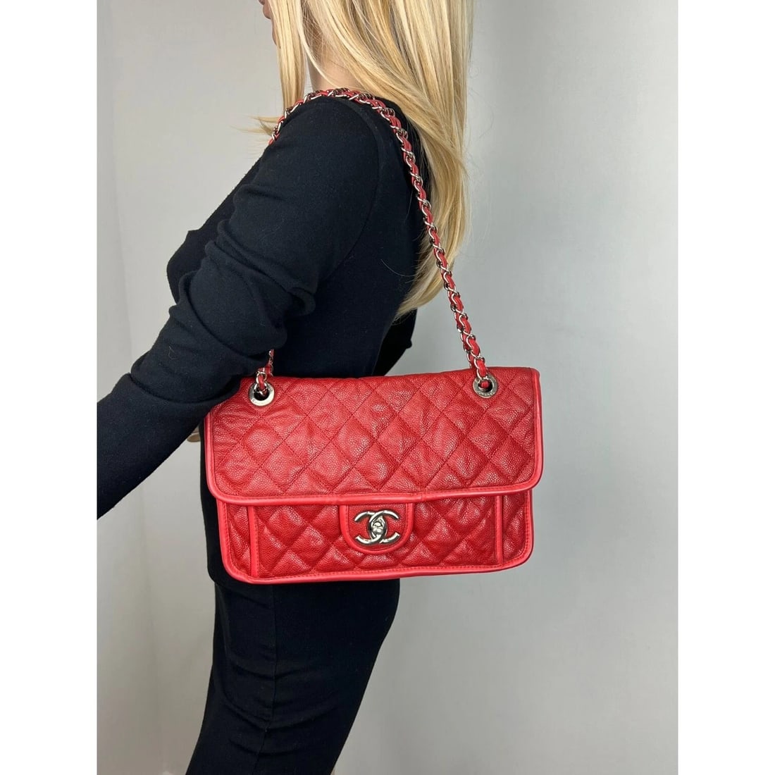 Chanel Caviar Quilted Medium French Riviera Red Flap Shoulder Bag - 18