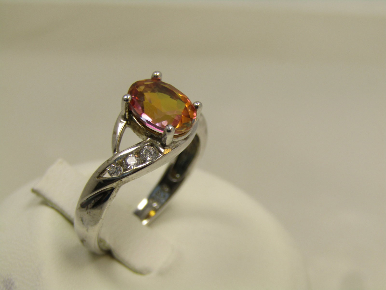 Sterling Pink/Orange Topaz Ring, CZ, Sz. 6, 1990's - After - 2