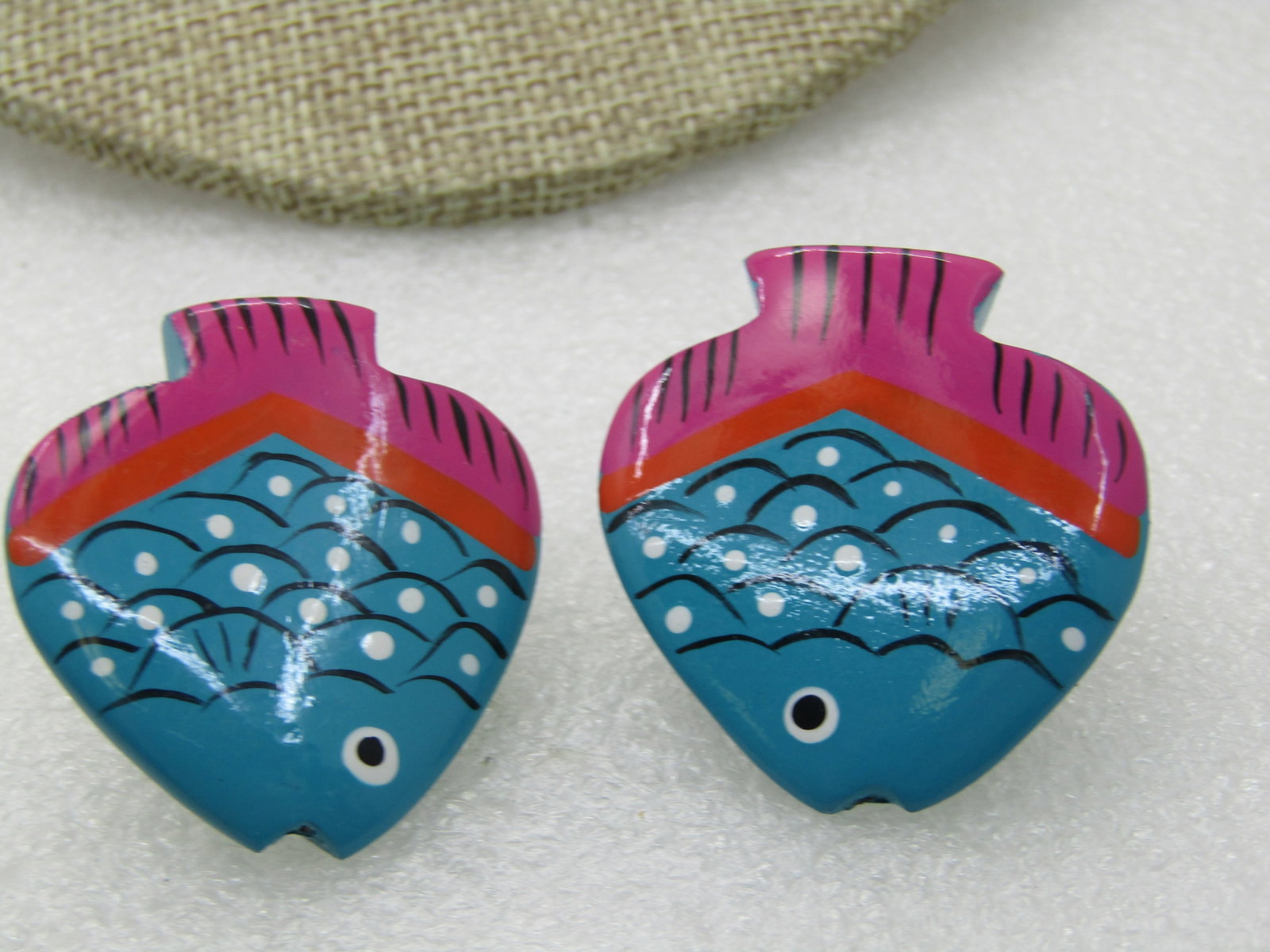 Vintage Tropical Fish Painted Clip Earrings, 1970's, Pink and Teal, 1.5" by 1-3/8" - 3
