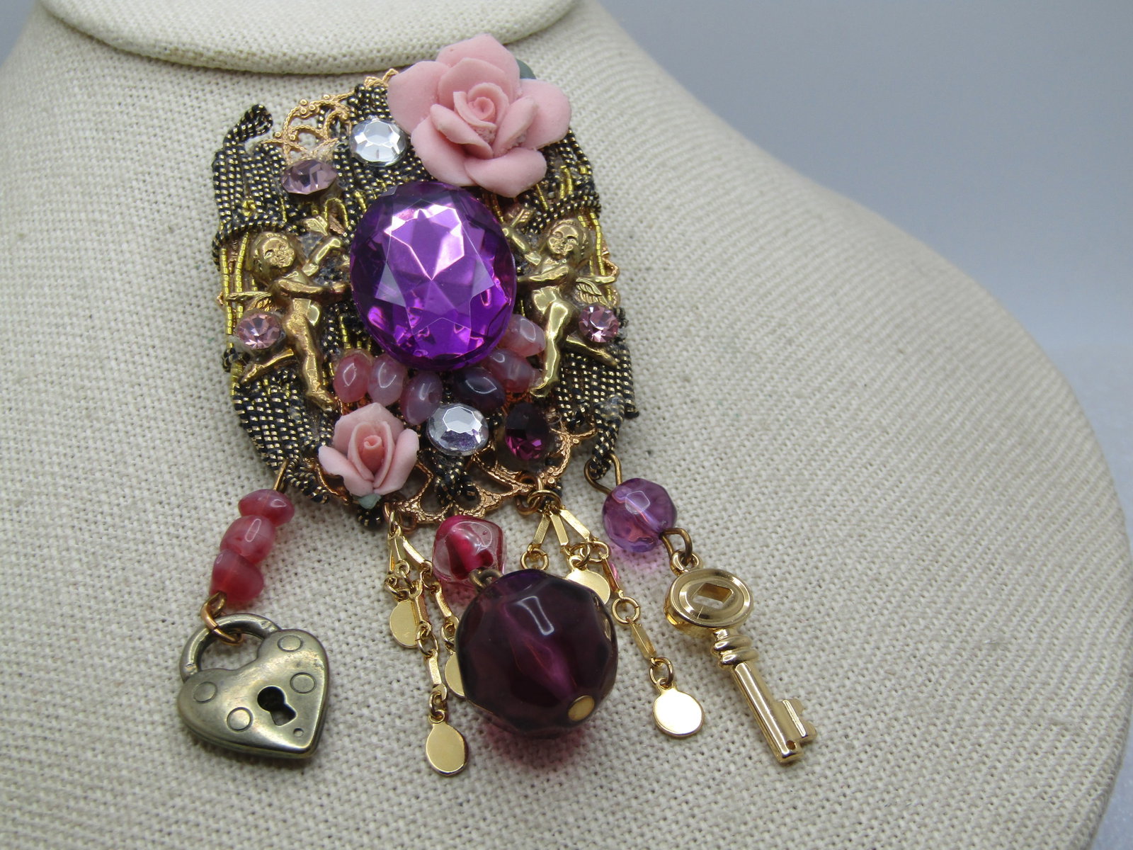 Vintage Rhinestone, Rose, Cherub Dangle Brooch, Handmade, 1980's - 2