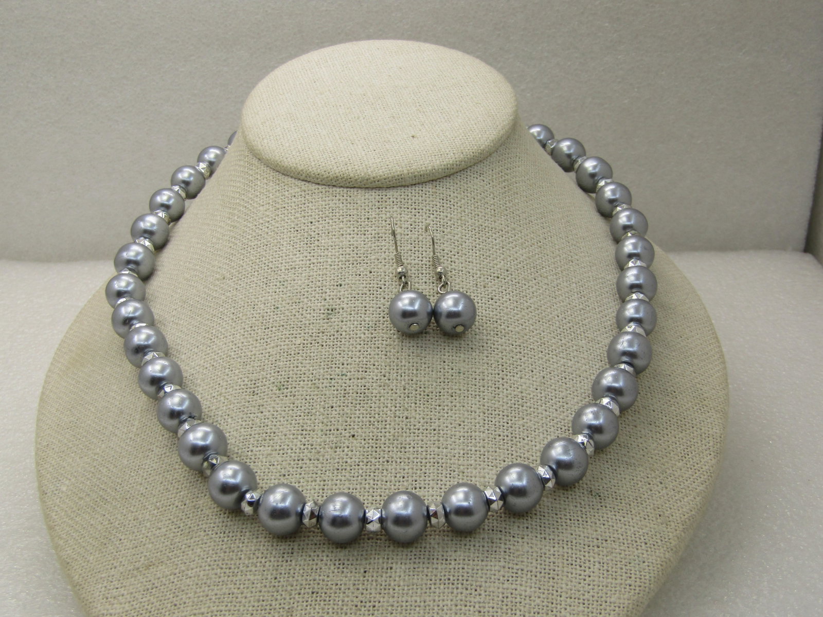 Silver Faux Pearl Necklace & Pierced Earrings Set, 20", 10.5mm Faux Tahitian Pearls - 2