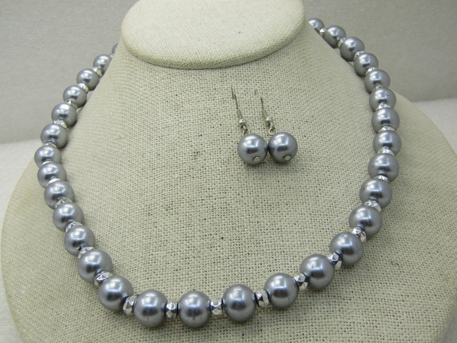 Silver Faux Pearl Necklace & Pierced Earrings Set, 20", 10.5mm Faux Tahitian Pearls - 3