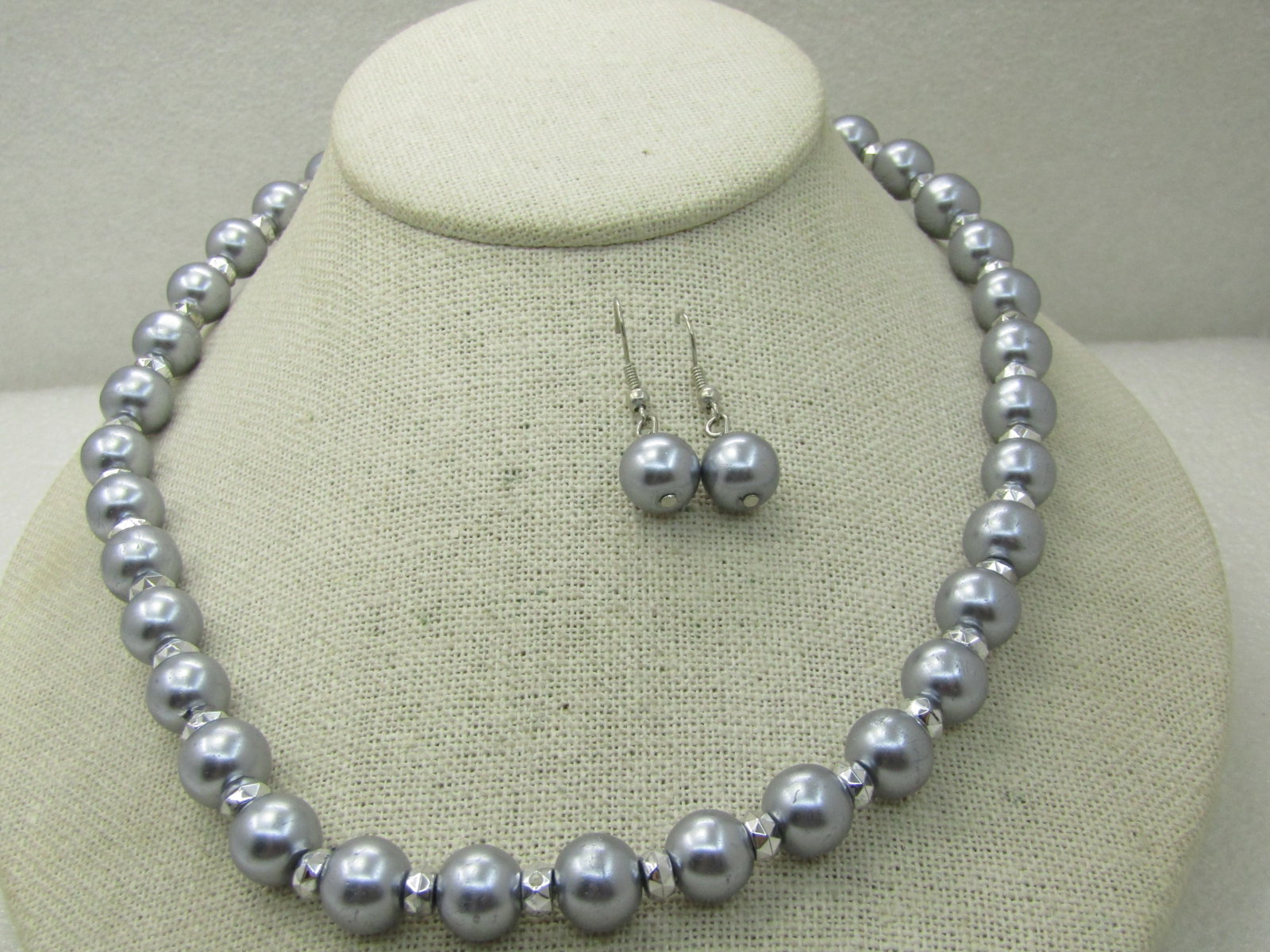 Silver Faux Pearl Necklace & Pierced Earrings Set, 20", 10.5mm Faux Tahitian Pearls - 4