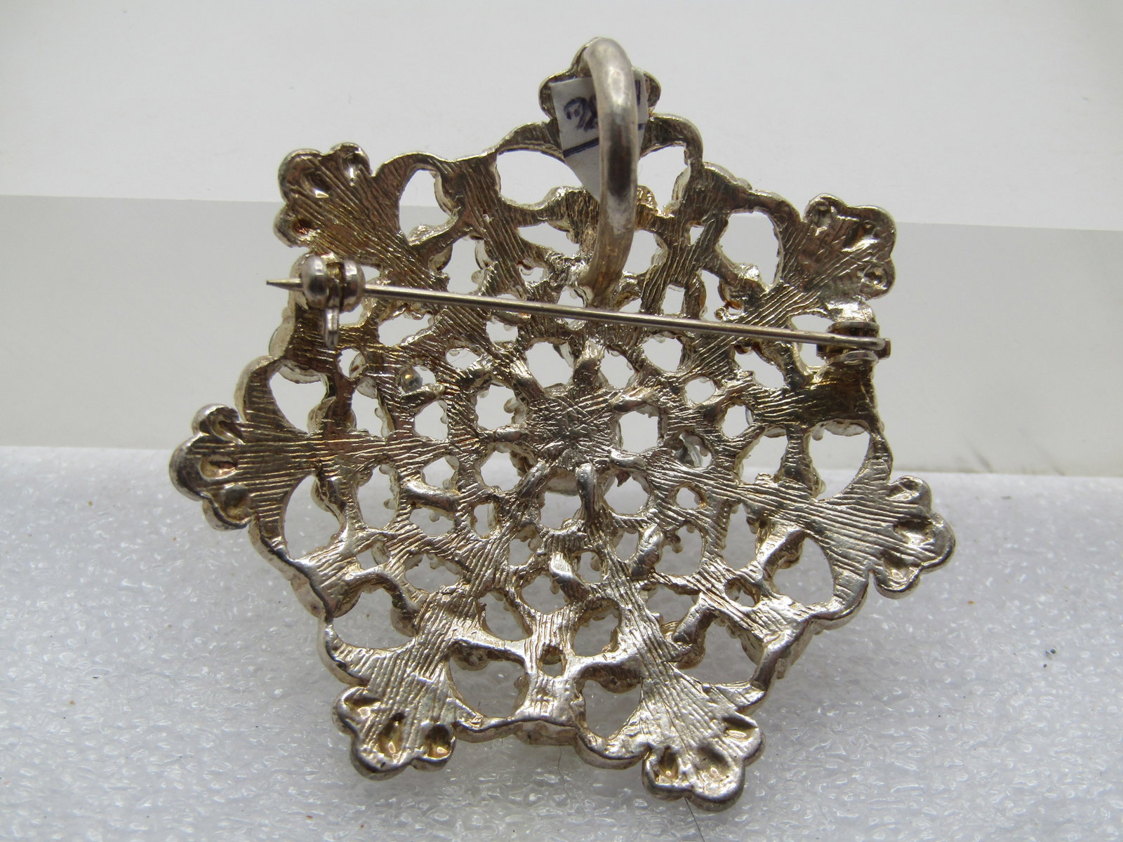 Vintage White Enameled & Rhinestone Brooch/Pendant , Blossomish. 1980's - 4