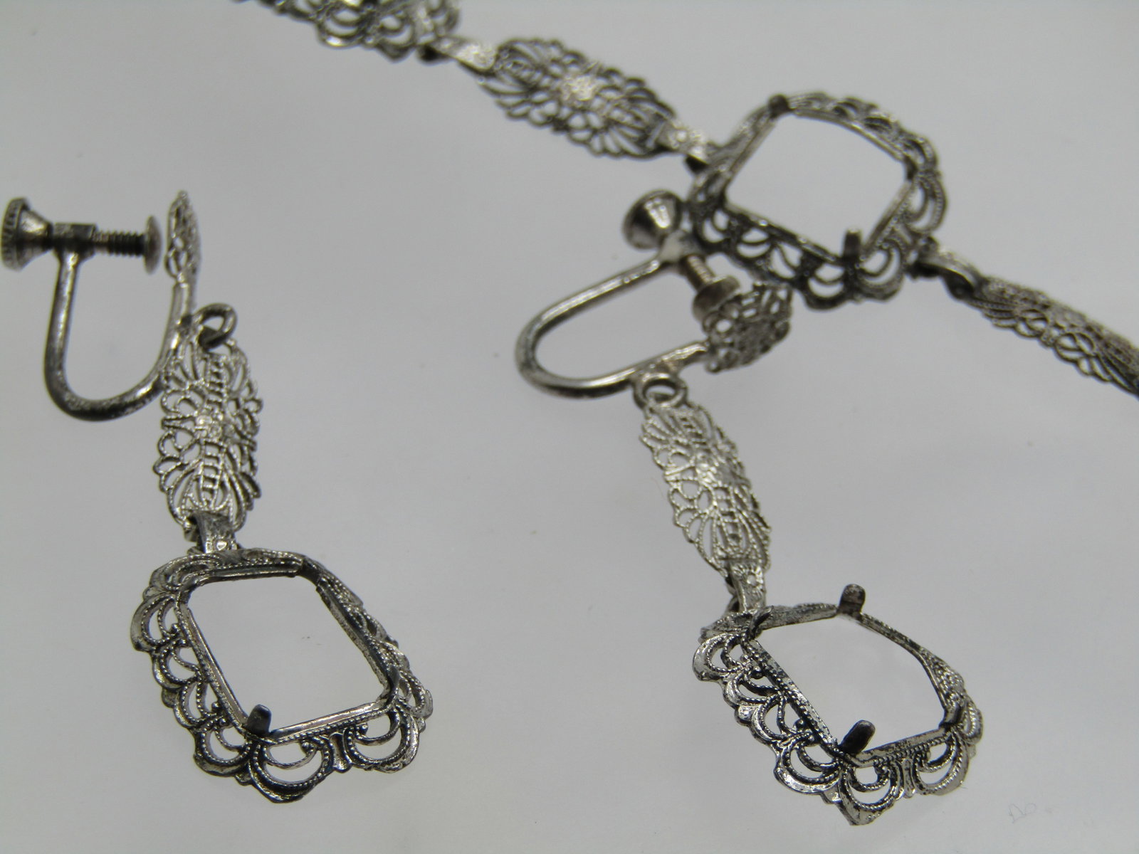 Vintage Sterling Filigree Bracelet & Earrings, Settings, Art Deco Themed - 2
