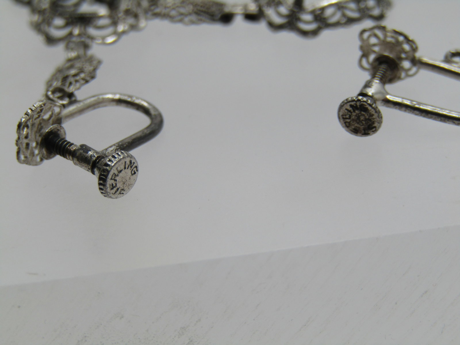 Vintage Sterling Filigree Bracelet & Earrings, Settings, Art Deco Themed - 4