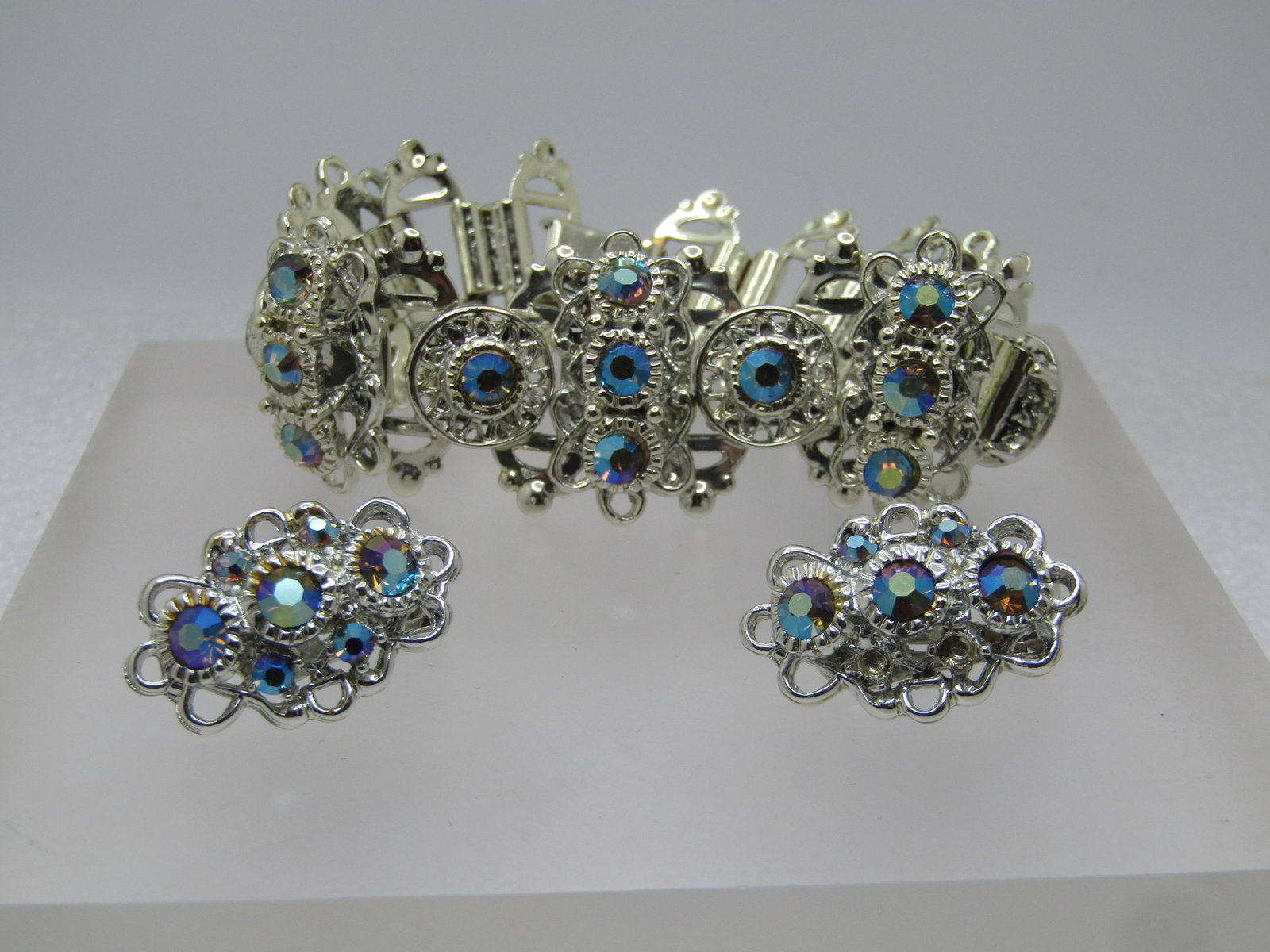 Vintage Aurora Borealis Rhinestone Bracelet & Clip Earrings, 1960's-1970's - 3