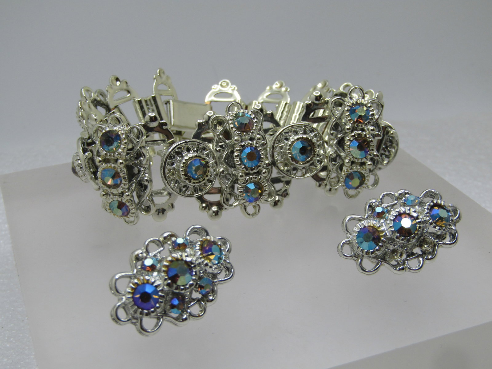 Vintage Aurora Borealis Rhinestone Bracelet & Clip Earrings, 1960's-1970's - 4