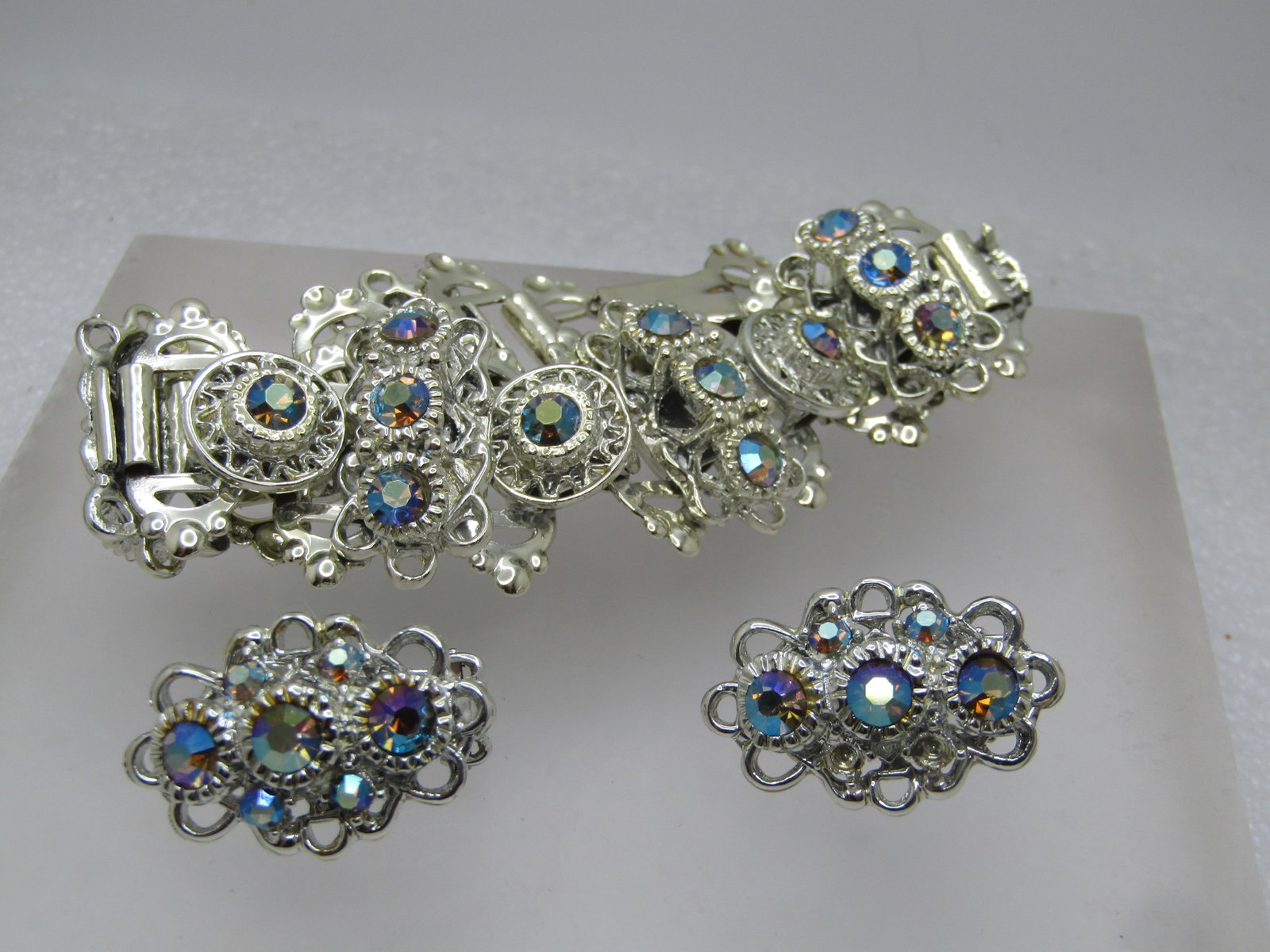Vintage Aurora Borealis Rhinestone Bracelet & Clip Earrings, 1960's-1970's - 5