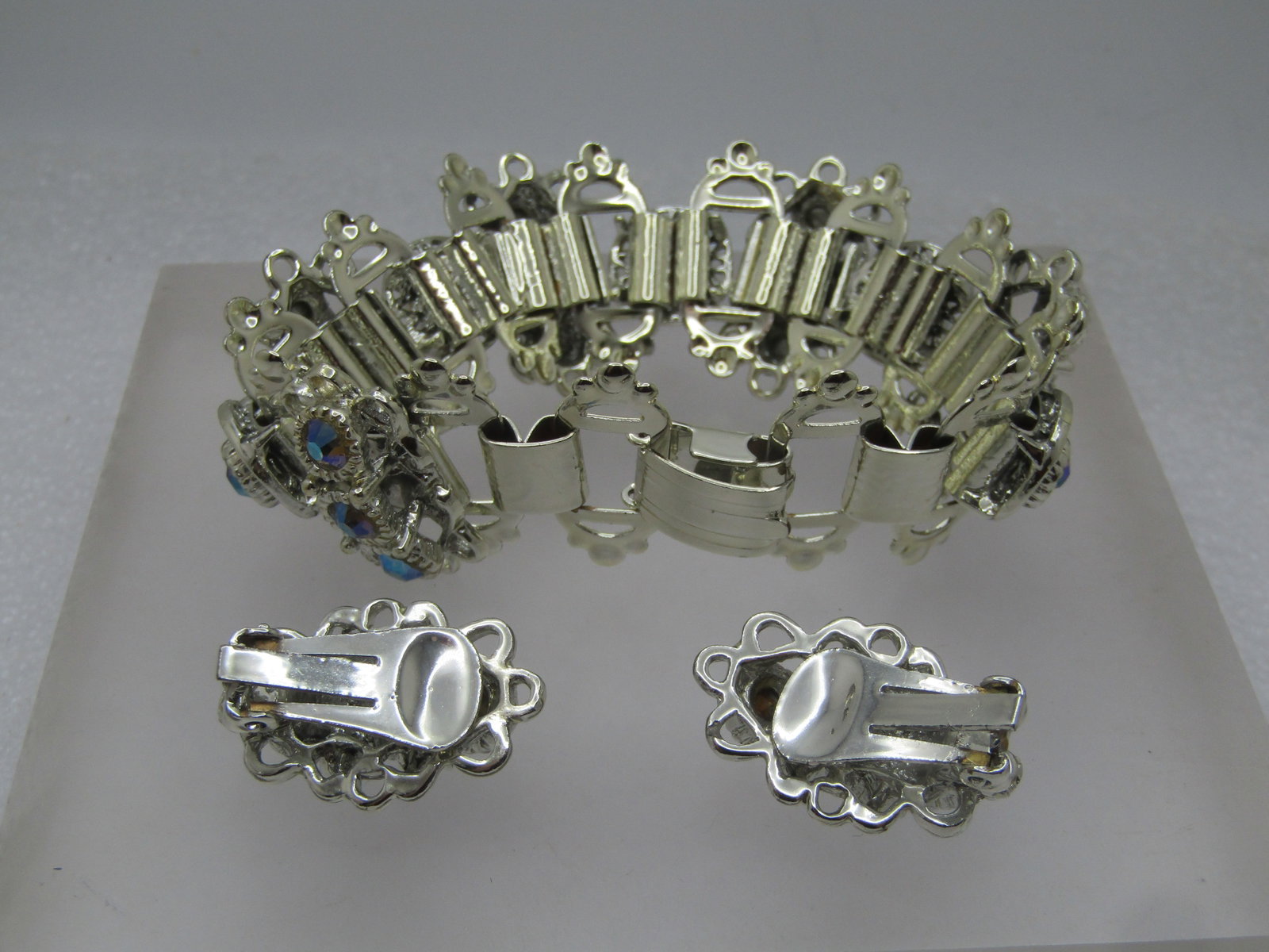 Vintage Aurora Borealis Rhinestone Bracelet & Clip Earrings, 1960's-1970's - 6
