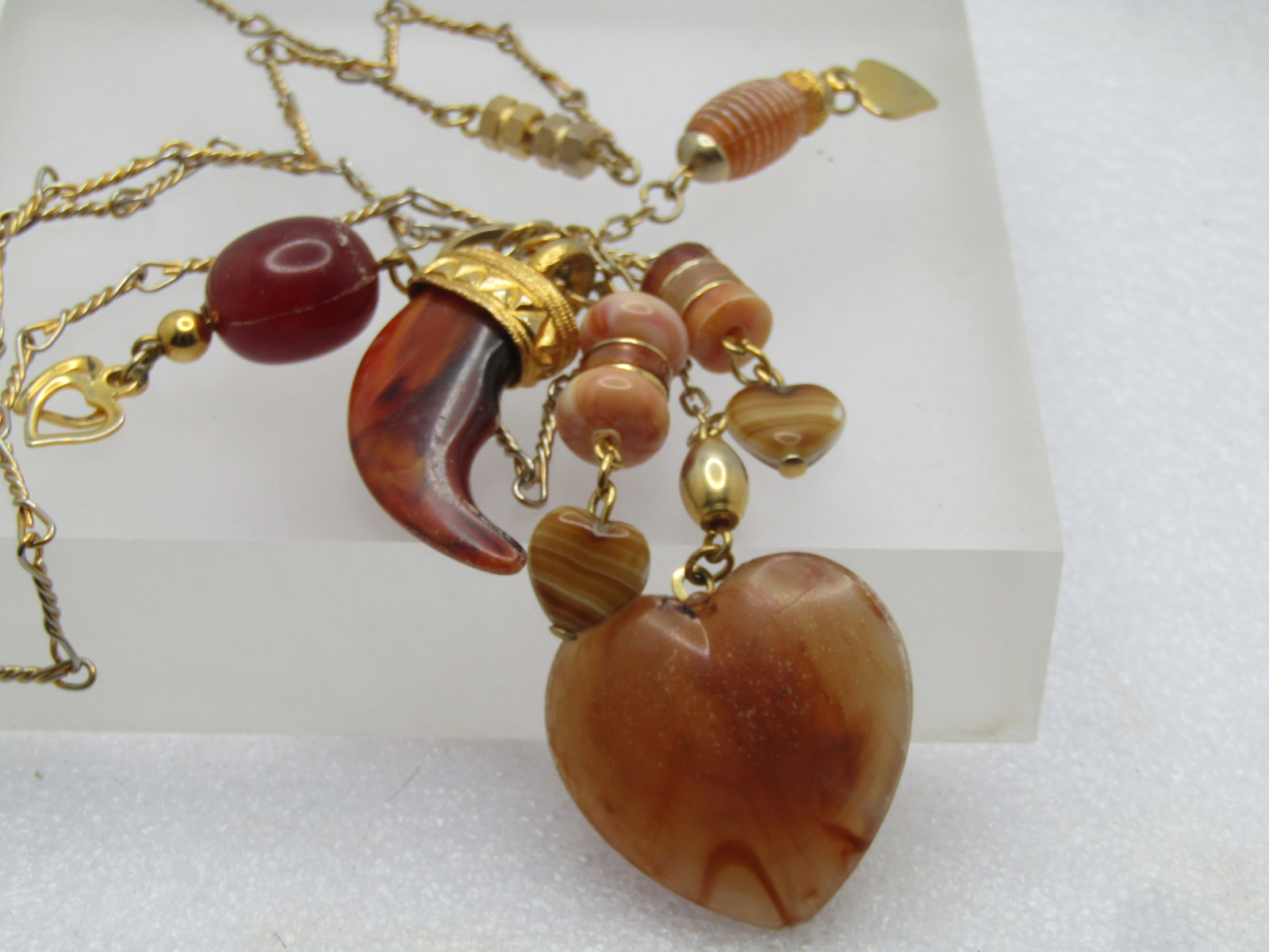 Vintage Mixed Glass & Plastic Hearts & Italian Horn Charm Necklace, 28", 1970's-1980's - 5