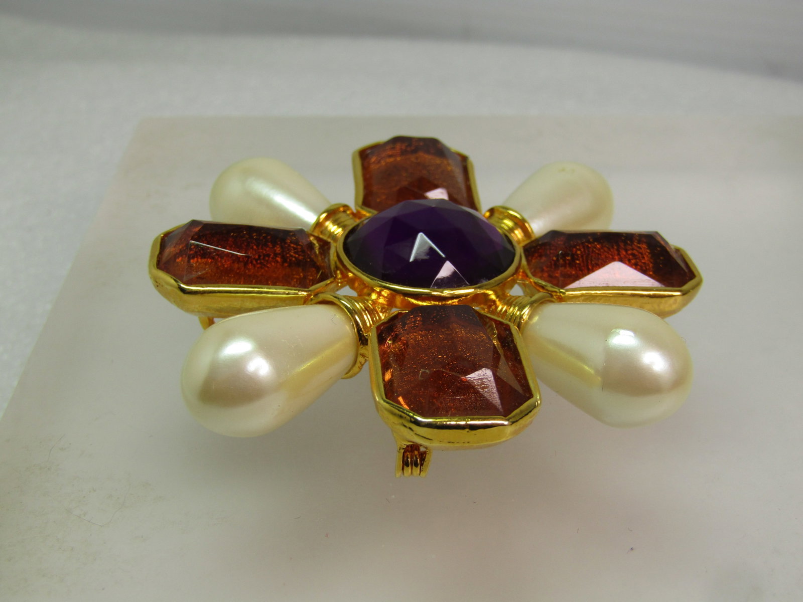 Vintage Faux Pearl Rhinestone Maltese Cross Brooch/Pendant, Avon, 1980's - 7