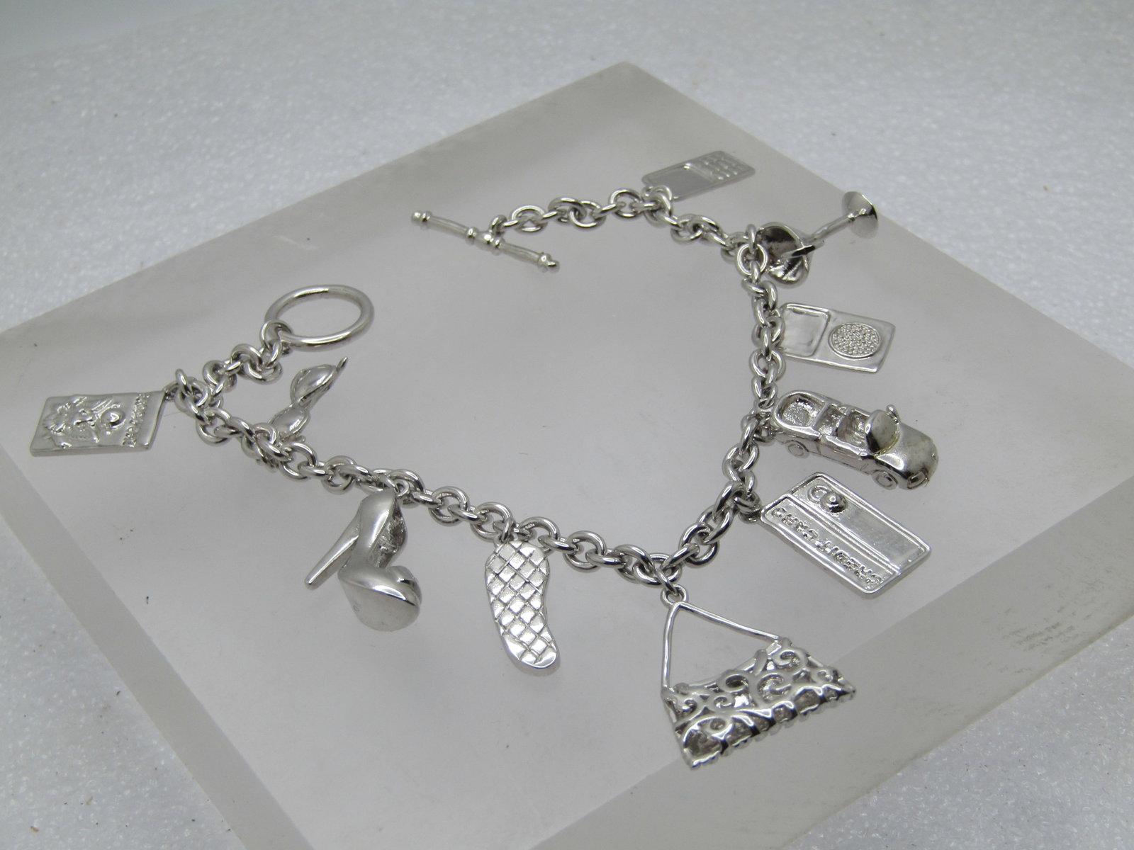 Vintage Posh Charm Bracelet, Toggle Clasp. 8", 1990's, Signed - 2