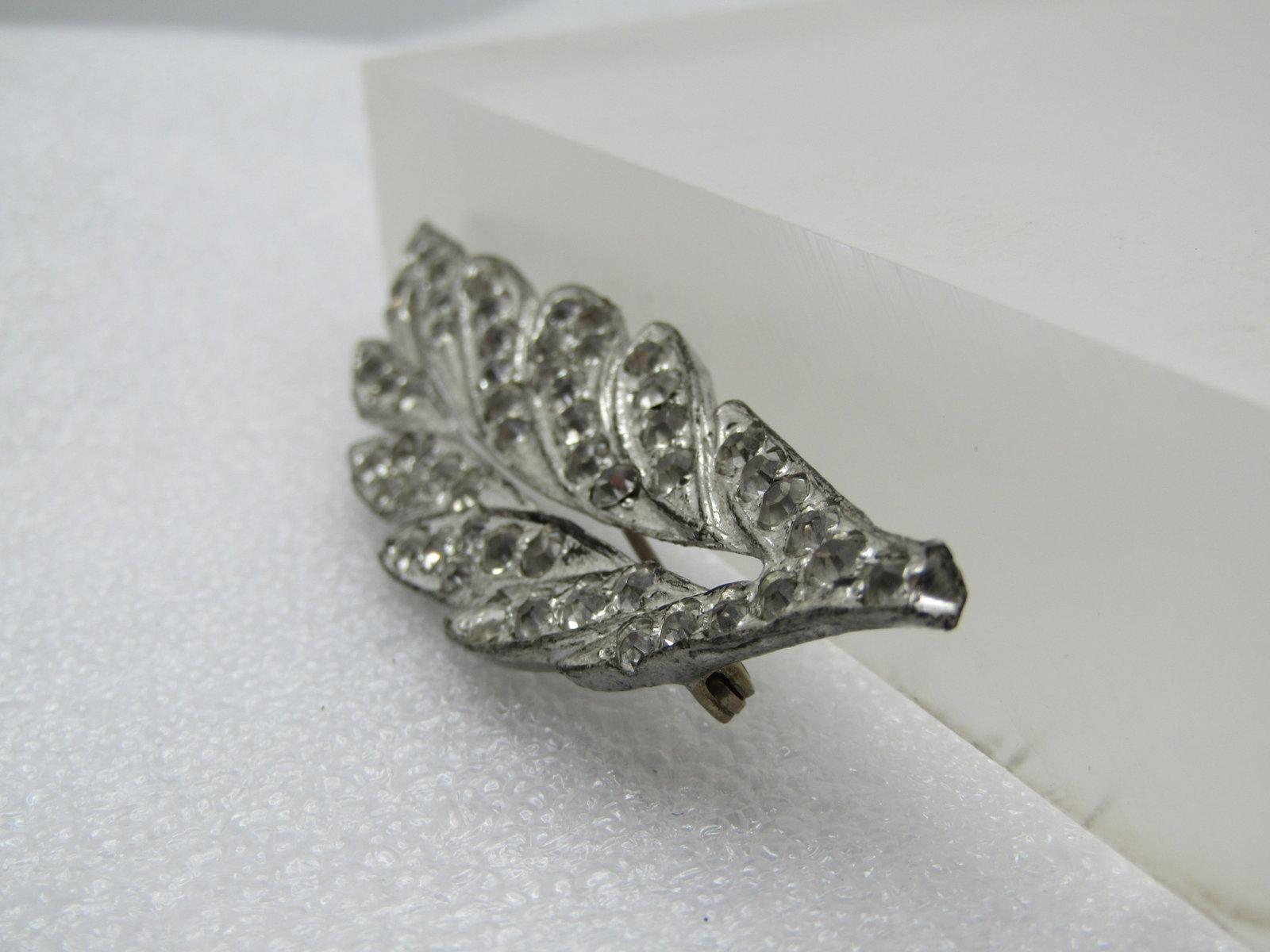 Vintage Cast Metal Rhinestone Leaf Brooch, 1940's - 2