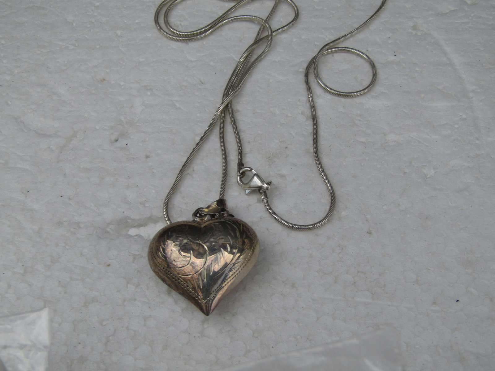 Vintage Sterling Engraved Puffy Heart Necklace 28" Round Snake Chain, 17.81 gr. - 2