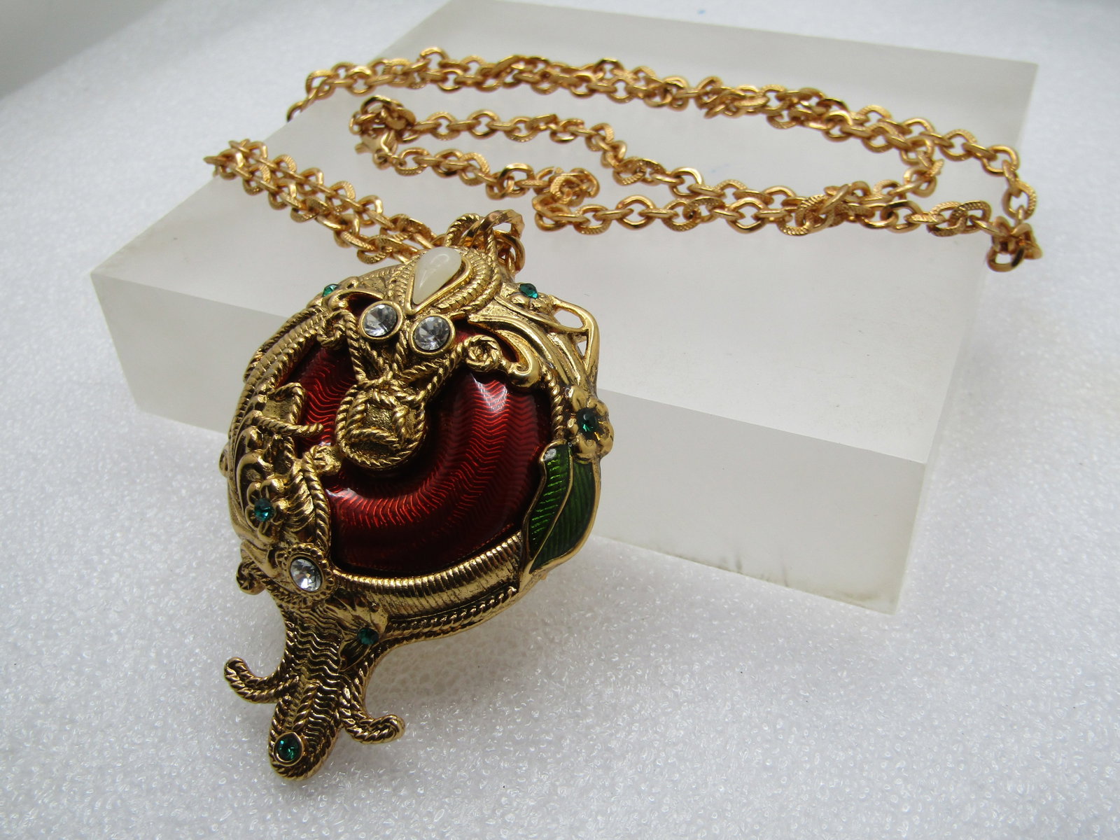 Vintage Enameled Locket Rhinestone Necklace Signed Berebi, Limited Edition, 1980's-1990's - 6