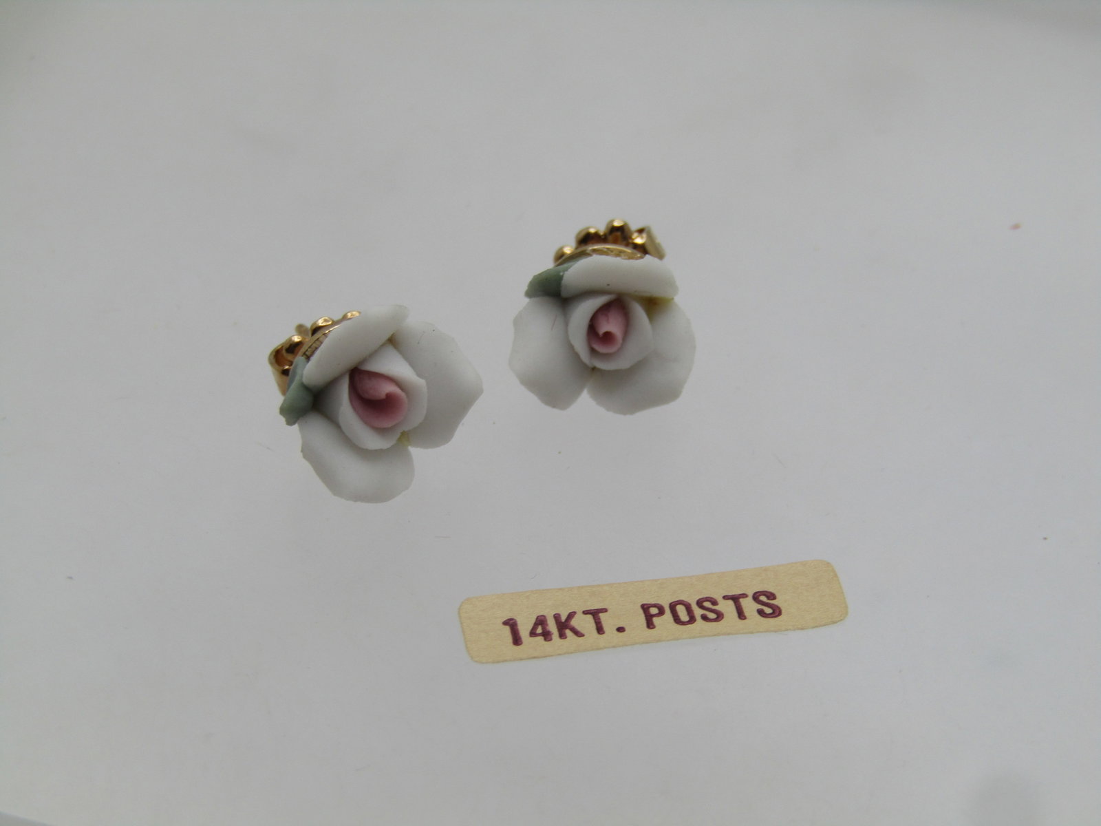 Vintage Porcelain White Rose Earrings, 14kt Posts, 1960's-1970's, Signed Amco - 2