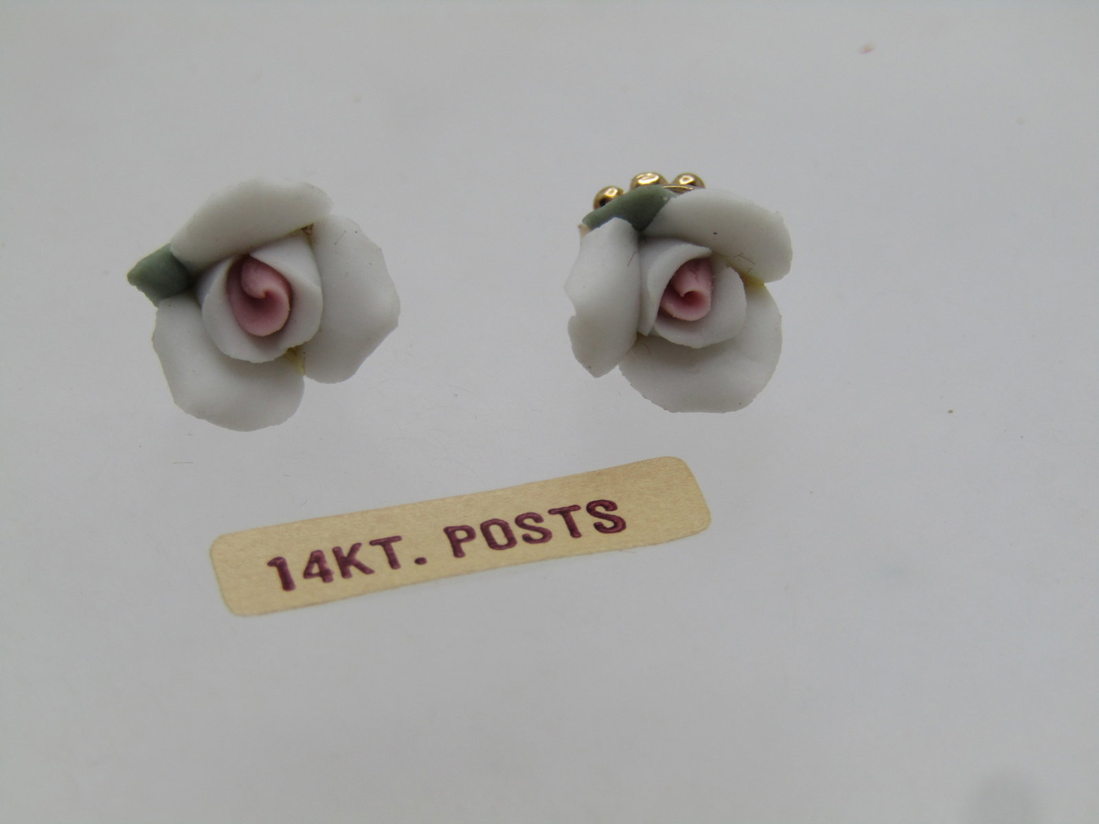 Vintage Porcelain White Rose Earrings, 14kt Posts, 1960's-1970's, Signed Amco - 3
